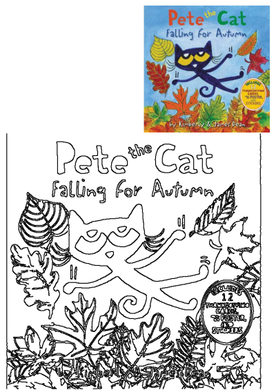 Pete the Cat Falling for Autumn book cover, featuring Pete leaping with colorful fall leaves, alongside its fun coloring page outline.