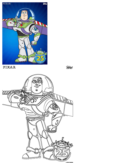Buzz Lightyear, Toy Story space ranger, featured in a colorful Pixar 25th-anniversary poster with an alien. Includes a coloring page.