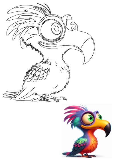 A vibrant cartoon bird with big green eyes and a unique yellow and black beak, presented alongside its black and white outline.