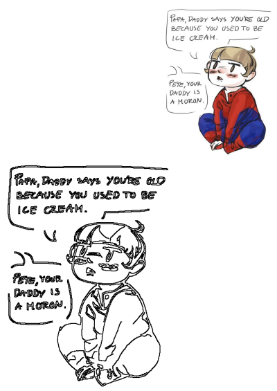 Stony Superfamily fanart featuring a child named Pete telling his Papa a funny Marvel joke about Daddy being old because he used to be ice cream.