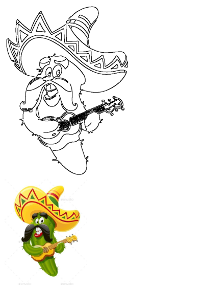 Funny cartoon cactus character with a mustache, wearing a sombrero, and happily playing a guitar. Includes both a vibrant colored version and a black outline drawing.