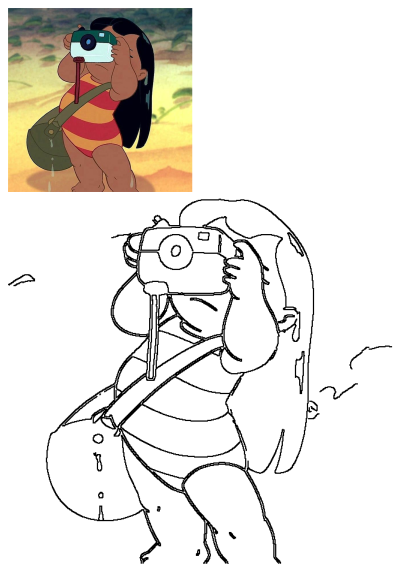 Lilo Pelekai from Lilo and Stitch taking photos on the beach, wearing a striped swimsuit and carrying a bag.