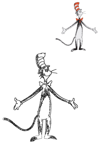 Two illustrations of Dr. Seuss's Cat in the Hat with arms spread wide, showing a welcoming or pleased expression; one colored, one sketch.