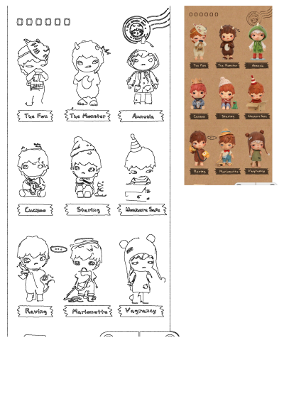 Collection of Hirono Mori Series blind box figures, displaying all 9 characters and their corresponding line art outlines.