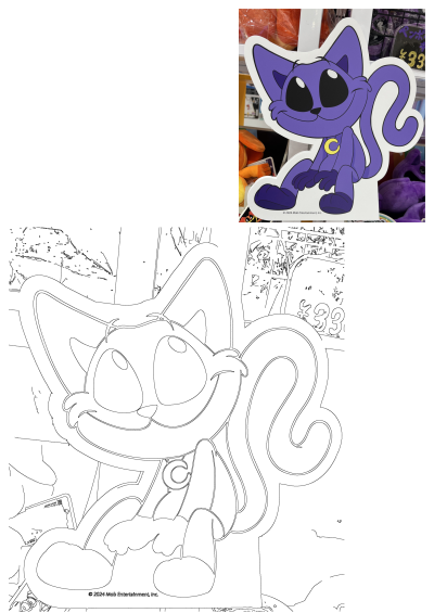 Purple CatNap character standee from Poppy Playtime, featuring large black eyes and a yellow moon, displayed on a shelf with plush toys.