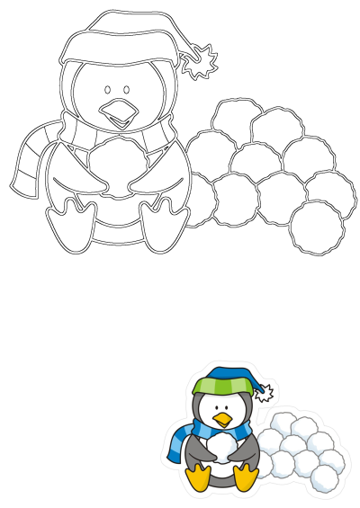 A cute cartoon penguin wearing a winter hat and striped scarf, holding a snowball next to a pile of snowballs.