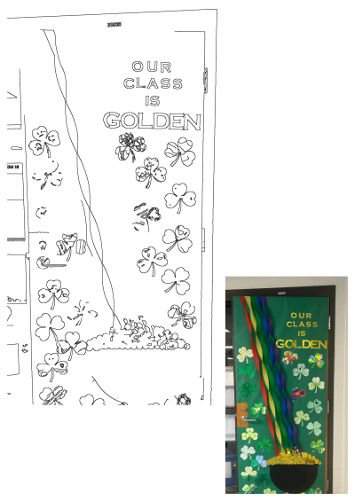 St Patricks Day classroom door decorated with a vibrant rainbow, pot of gold, shamrocks, and 'Our Class is Golden' text on green.