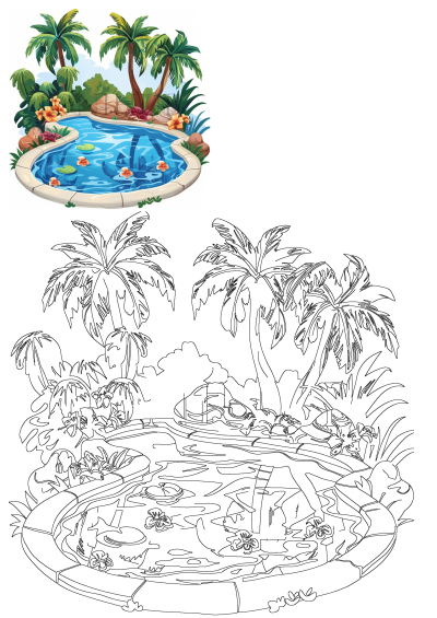 Vibrant illustration of an outdoor pool with palm trees, tropical flowers, lush plants, and a serene blue pool. Includes a line art version for coloring.