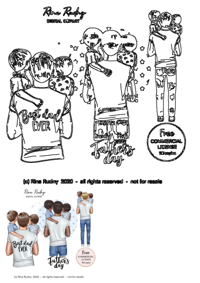 Fathers Day Clipart Dad With Children Best Dad Ever. Features diverse dads hugging and carrying kids, celebrating Father's Day.