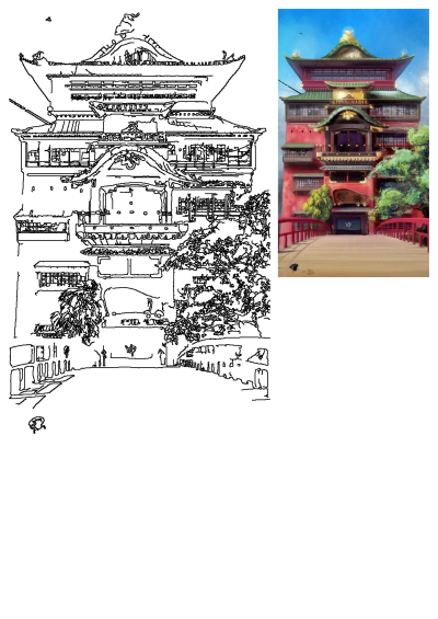 Gorgeous illustration of the iconic Spirited Away bathhouse, Aburaya, with red walls, green roofs, and a red bridge, alongside an outline.