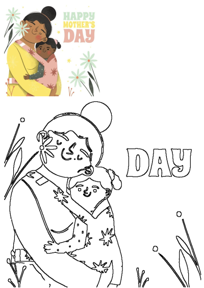 A heartwarming Happy Mother's Day illustration featuring a mom hugging her child, with a black and white outline version for creative activities.