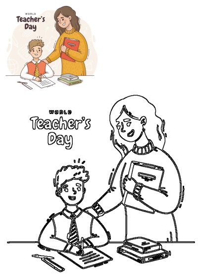 World Teachers Day illustration showing a supportive teacher guiding a student with his homework at a desk.