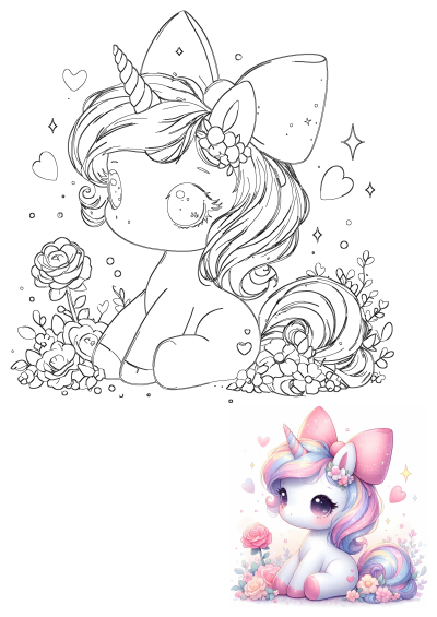 Adorable baby unicorn with a big bow, flowing mane, and delicate floral accents, surrounded by hearts and stars. A sweet fantasy design.