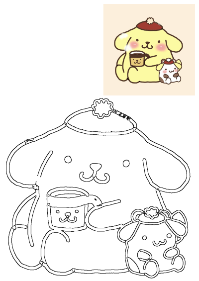 Outline drawing of a cute cartoon dog, Pompompurin, holding a coffee cup, next to his small dog friend Muffin in a hat.