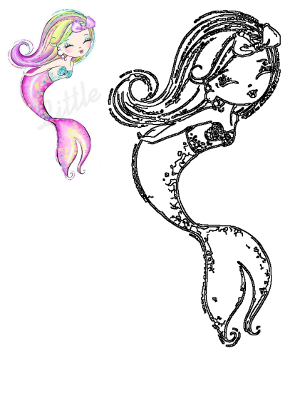 Adorable cartoon mermaid with flowing glittery colorful hair, purple bow, pearl earrings, and a sparkling pink tail with a heart design.