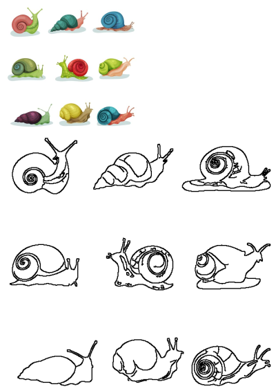 A vibrant collection of diverse cartoon snail characters, presented as colorful illustrations and matching black outline drawings on a white background.