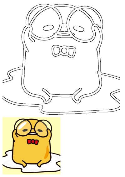 A cartoon egg character with round glasses and a bowtie, presented as both a black and white line art and a vibrant colored illustration.