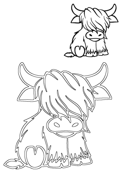 An adorable outline of a fluffy Highland cow, showcasing its characteristic shaggy hair and horns. Perfect for coloring activities.