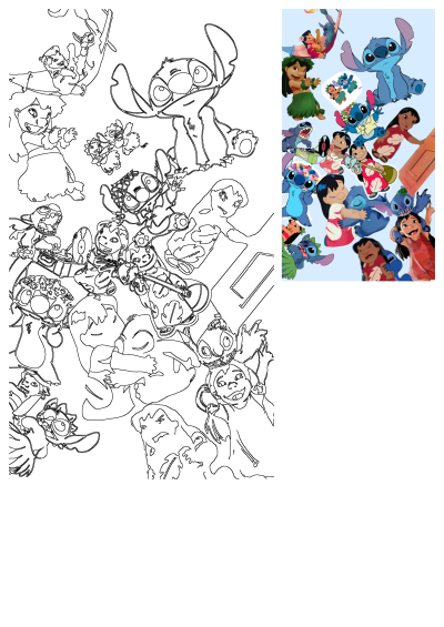 Lilo and Stitch cartoon characters flying through the air, depicted as a vibrant collage of illustrations alongside black-and-white outlines.
