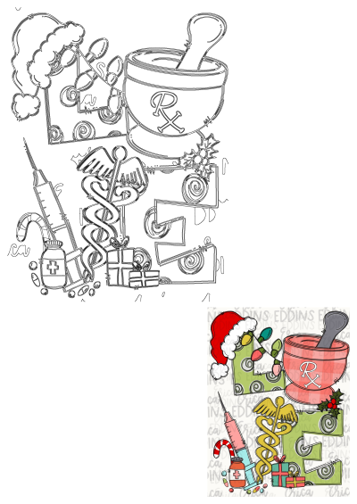 A festive Christmas pharmacy design featuring the letter E with a Santa hat, Rx mortar, Caduceus, syringe, and holly.