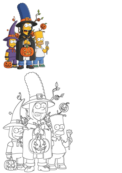 The Simpsons family in their Halloween costumes. Marge is a witch, Lisa holds a pumpkin bucket, Homer and Bart are ready for trick-or-treat.
