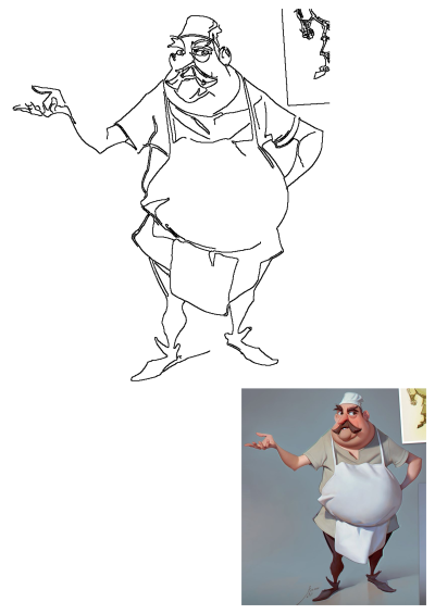 A jovial, portly cartoon chef character with a prominent mustache and white apron, gesturing with an open hand to present or invite.