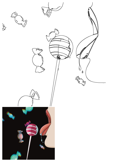 Line art and colored illustration showing a striped lollipop, wrapped candies, and a mouth licking the lollipop with liquid dripping.