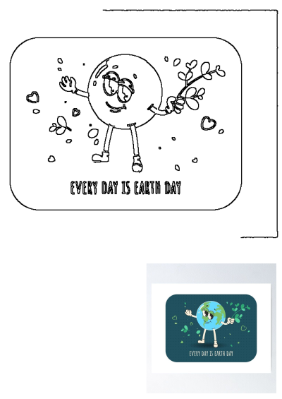 Happy cartoon Earth character on an Earth Day poster, holding a leafy branch with 'Every Day Is Earth Day' text.