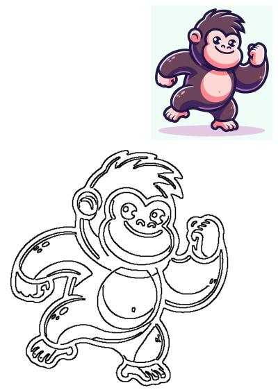 A cute cartoon walking gorilla illustration with a brown body and a happy face, alongside its black and white outline drawing.