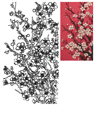 Detailed cherry blossom tree with white and red flowers on a vibrant pink background, alongside a black outline version.