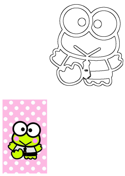 Cute green frog with a tie on a pink polka dot background. The image also features a black outline version of the frog for coloring.