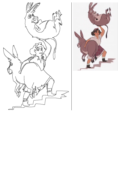 Humorous cartoon illustration of a woman carrying two donkeys, one on her back and one overhead, walking up stairs.