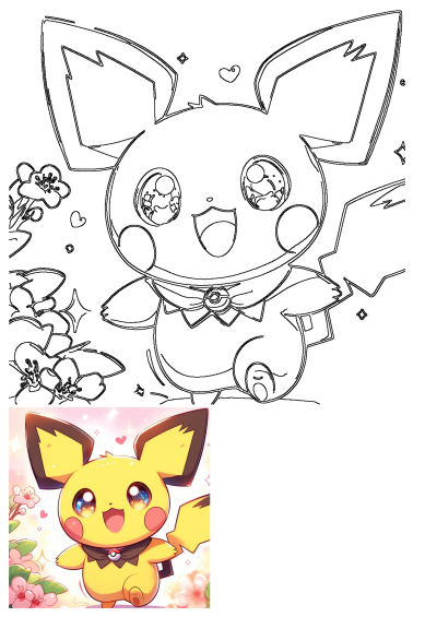 Outline of an adorable cartoon Pikachu wearing a bow tie, surrounded by charming pink flowers, a delightful Pokemon scene ready to be colored.