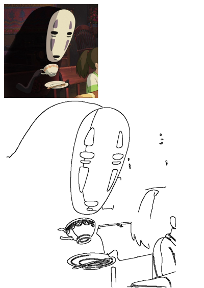 Iconic Spirited Away No-Face character drinking tea from a teacup. A classic Studio Ghibli anime scene with another character.