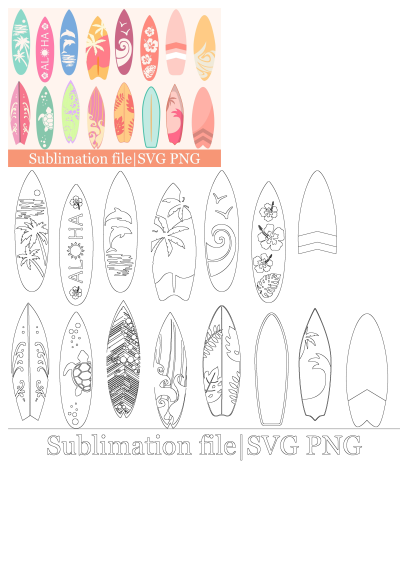 Tropical surfboards sublimation files, featuring colorful designs with palm trees, dolphins, ALOHA, waves, and turtles, plus outlines in SVG PNG formats.