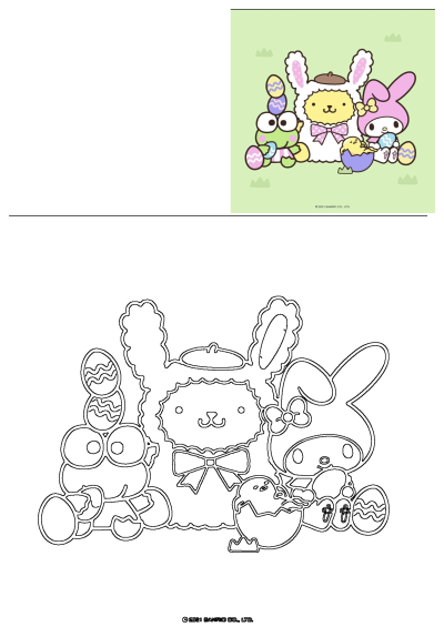 Sanrio characters Keroppi, Pompompurin, and My Melody in adorable bunny costumes celebrate Easter with festive eggs and a cute chick.