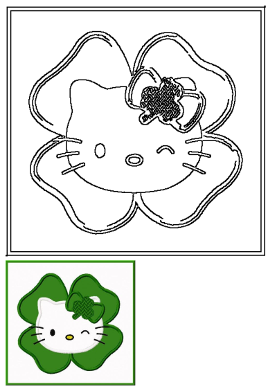 Cute and kawaii Hello Kitty winking face with a four-leaf clover bow, nestled in a lucky clover, ideal for St. Patrick's Day designs.