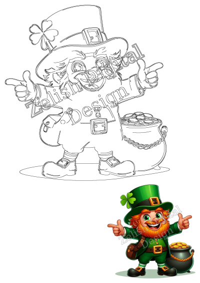Smiling cartoon leprechaun in green, with red beard, pointing to his pot of gold coins, offering a cheerful, thumbs-up welcome.