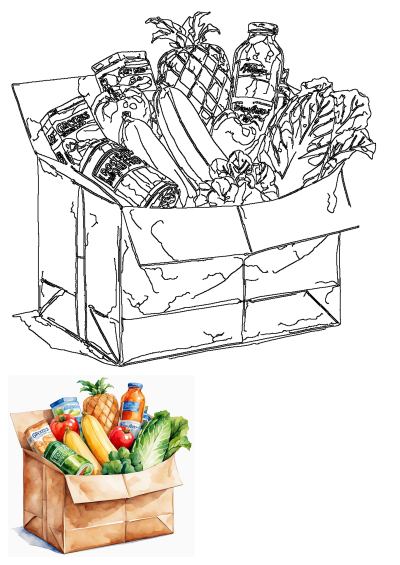 A watercolor illustration of a grocery parcel brimming with fresh vegetables, fruits like pineapple and banana, and assorted packaged goods.