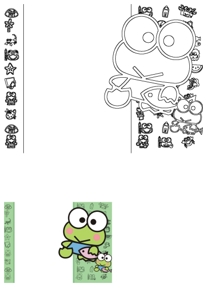 Two cheerful Keroppi frog cartoons, a large and a small one, both holding fish against a vibrant green background with playful icons.