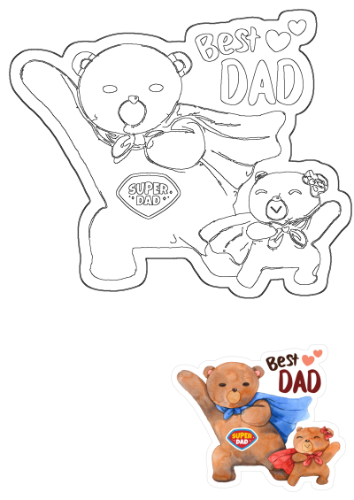Super Dad Teddy Bear Father's Day illustration: Outline of a superhero dad bear with a child bear and capes, perfect for celebrating dad.