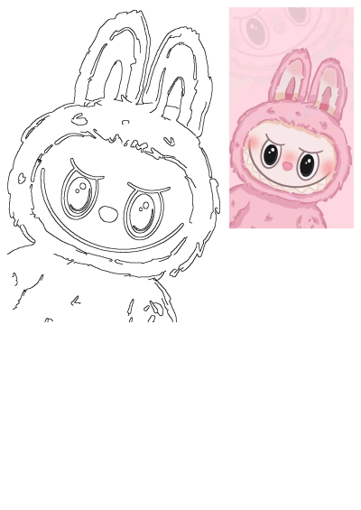 Cute pink bunny monster cartoon character digital illustration with big eyes and a wide smile, shown beside its detailed outline.