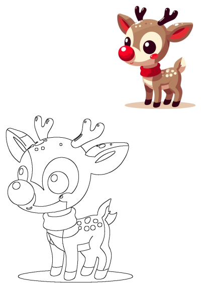 Adorable Christmas reindeer with a bright red nose and cozy red scarf, presented alongside a matching black-and-white outline.