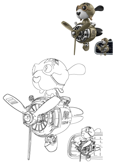 Charming cartoon dog pilot with aviator goggles on a propeller airplane engine car air freshener. Features 3D render and outline art.