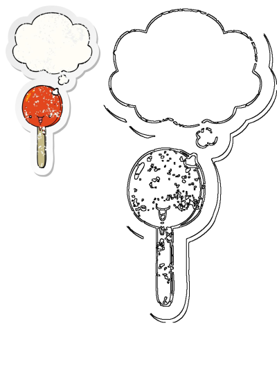 A distressed sticker featuring a cheerful cartoon lollipop with an empty thought bubble, next to its line art outline.