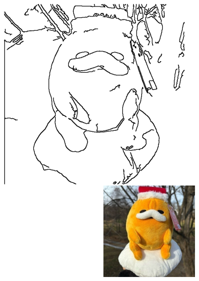 Gudetama Santa Mustache Stuffed Toy, yellow and fluffy, wearing a red hat and sitting on an egg-white base outdoors.