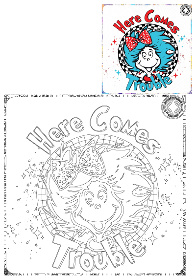 Here Comes Trouble cartoon girl with blue hair, red bow, and mischievous smile. Features both a vibrant color illustration and line art.