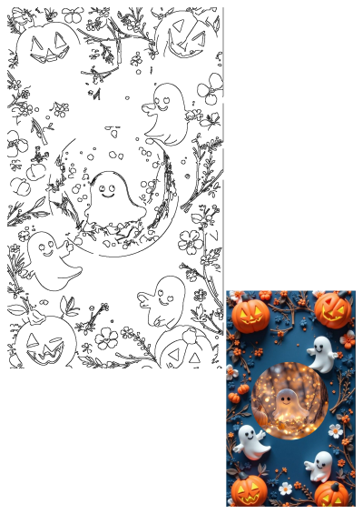 Black and white line art featuring happy Halloween ghosts and grinning Jack-o'-lanterns, framed by whimsical flowers and branches.