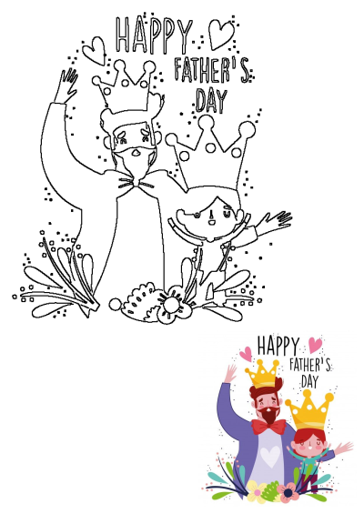 Happy Father's Day card outline featuring a dad in a bow tie and his child, both wearing crowns. Festive design with text.