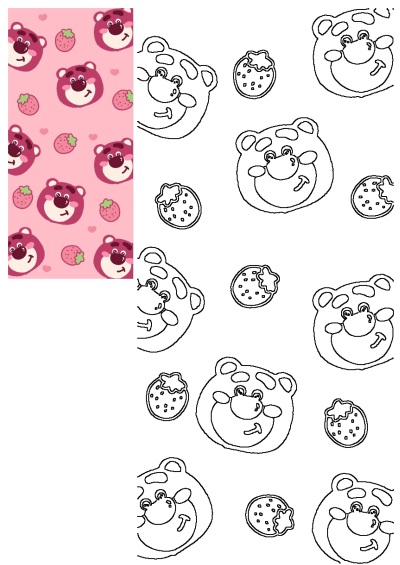 A vibrant pink background pattern featuring cute Lotso Bear faces and strawberries, accompanied by outlined versions for a fun coloring activity.